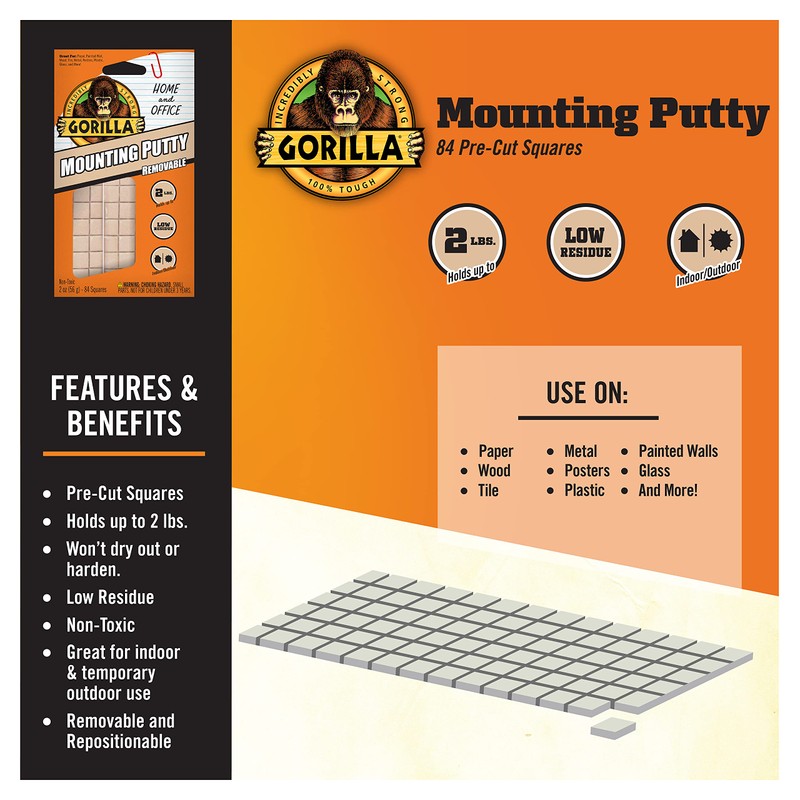 Gorilla Mounting Putty, Natural Tan Color, 84 Pre-Cut Squares (Pack