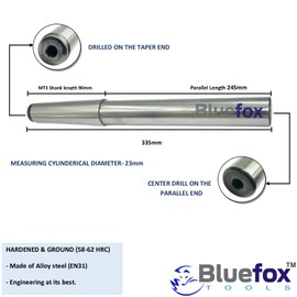 BLUEFOX TOOLS MT3 Lathe Alignment Test Bar 335mm (13-3/16") Overall Length, EN31 Alloy Steel Hardened & Ground, Precision Morse Taper 3 Test Rod for Lathe Spindle Alignment, Workshop & Industrial Use