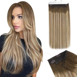Ugeat Wire Hair Extensios Real Human Hair Clip ins Balayage Dark Brown Fading to Light Brown Mix Light Blonde Ombre Wire Hair Extensions Hidden Wire Hair Extensions Remy Human Hair 14 inch 70g