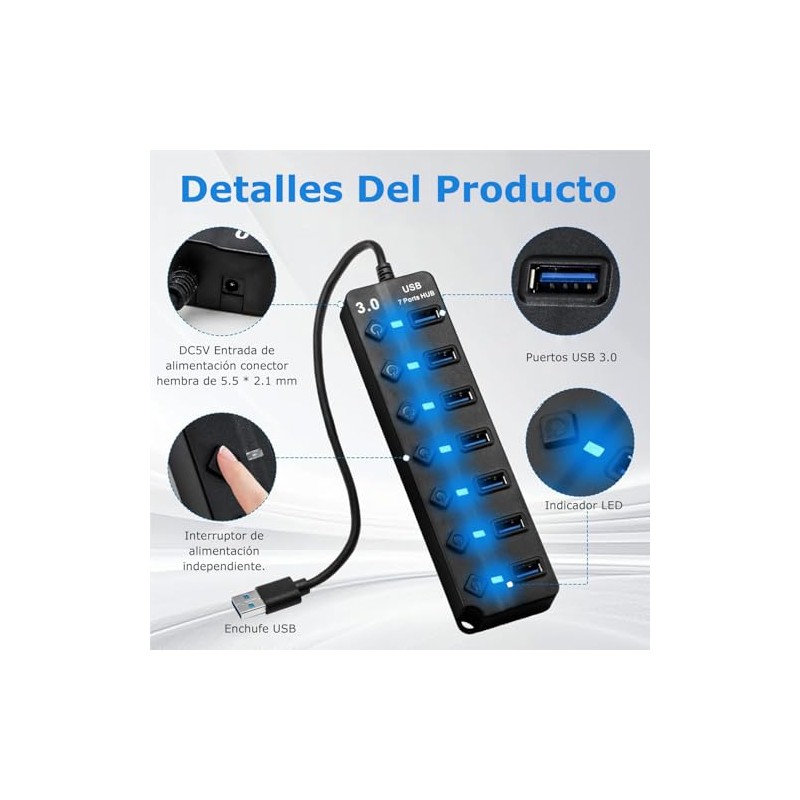 Hub USB 3.0 Splitter,7 Puertos Multi USB 3.0 Hub Splitter