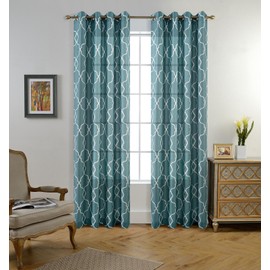 MIUCO Moroccan Embroidered Semi-Sheer Curtains Faux Linen Grommet Curtains for Living Room 52 x 84 Inch 2 Panels Set, Teal