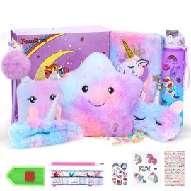 PERRYHOME Purple Unicorn Gift Set for Girls 4-10+ Birthday Back to School Day, Soft Plush Toys Set with Glow Star Pillow,DIY 900ML Bottle,Diary,Cute Coin Purse,Unicorn Plush Accessory