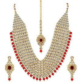 Aheli Indian Traditional Bollywood Collection Faux Kundan Pearl Layered Jewelry Necklace Set with Maang Tikka Earrings for Women Girls (Maroon)