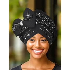 IYOU African Headwrap for Black Women Sparkly Crytal Bow Adjustable Turban Headband Rhinestone Headwear