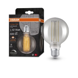 Osram Lamps Vintage 1906 LED Lamp with Smoke Tint, 11 W, 500 lm, Ball Shape 95 mm Diameter & E27 Socket, Warm White Light Colour, Straight Filament, Dimmable, Up to 15,000 Hours Lifespan,
