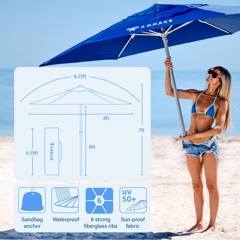 AMMSUN 8ft Large Beach Umbrellas for Sand Heavy Huty Wind