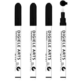DIGIELE Black Chalk Pen, 0.7-1mm Fine Tip Marker Pens Black Ink, Dry or Wet Wipe Erase Liquid Chalk Markers for Window, Glass, Mirro and Whiteboard, Liquid Ink and Dust Free, 4 Pieces Black Markers