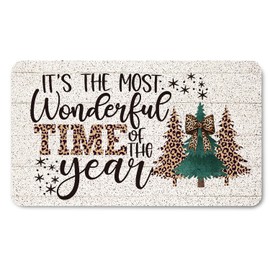 Koesus Coquette Leopard Bow Christmas Tree Door Mat, Trendy Cheetah Print Xmas Tree Doormat Outdoor Indoor Entrance, Rustic Christmas Welcome Mats for Front Door Entryway, 17x30 Inches