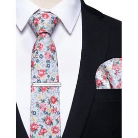 YourTies Pink Floral Tie for Men 2.5" Printed Cotton Skinny Necktie Pocket Square Tie Clip Flower Wedding Party Groom