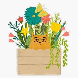 Ginger Cat Wearing Glasses in The Garden Pot Bumper Sticker Vinyl Decal 5"