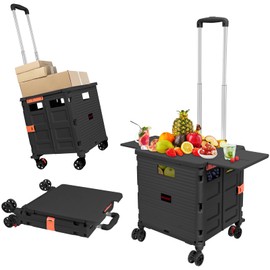 Foldable Utility Cart Collapsible Portable Tool Cart with Wheels Tote Basket,176LBS Load Capacity,Magnetic Lid Telescopic Cover with 360° Wheels Telescoping Handle for Grocery Laundry Luggage,Black