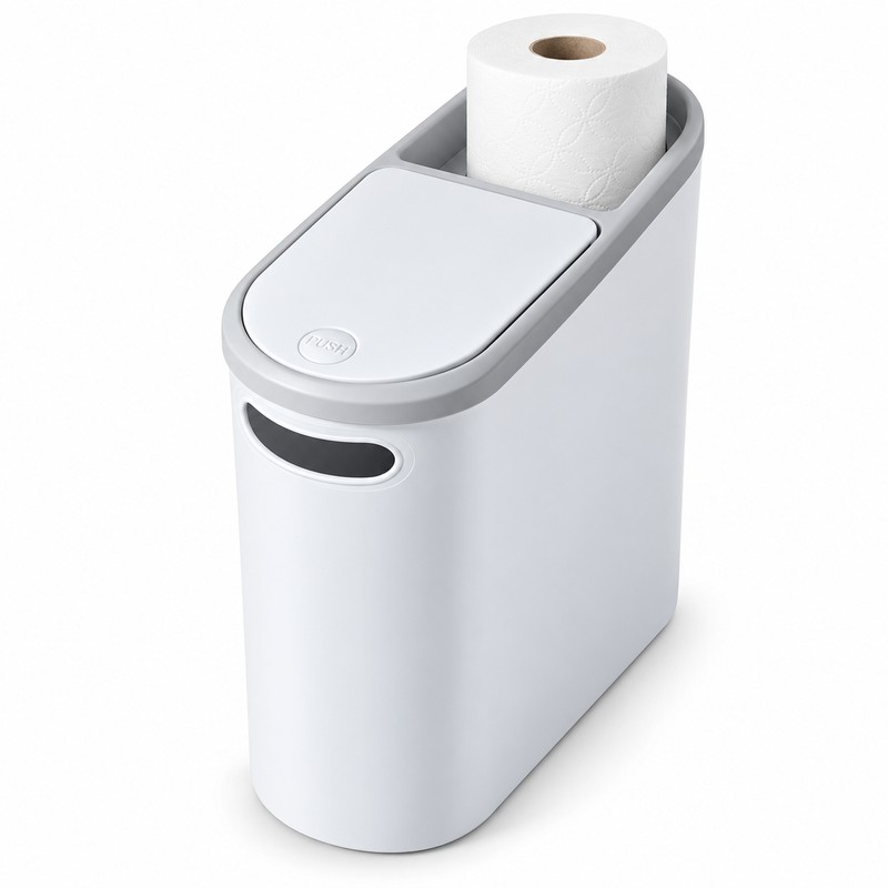 Slim Trash Can with Press-Top Lid for Small Spaces –