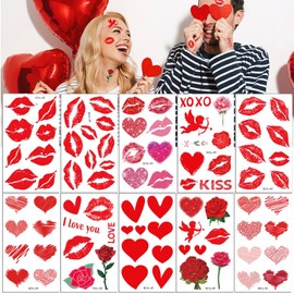 Yeomju Pack of 10 Valentine's Day Kissing Mouth Heart Temporary Tattoo Stickers Red Waterproof Love Tattoo Decorations for Women Men Girls