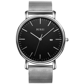 BUREI Stylish Men's Wristwatches, Minimalist Ultra-slim, Large Dial and Date, Stainless Steel Strap, silver