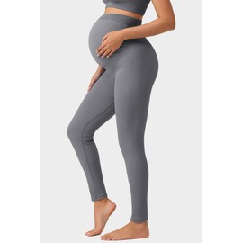 Angelhood High Waisted Maternity Ribbed Over The Belly Leggings for Women, Seamless Workout Leggings Yoga Athletic Pants, Grey, Medium