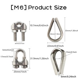 PDETVEO 10PCS 1/4" Wire Rope Clamps, M6 Wire Rope Cable Clip, 304 Stainless Steel Wire Rope Clip and Thimble Set