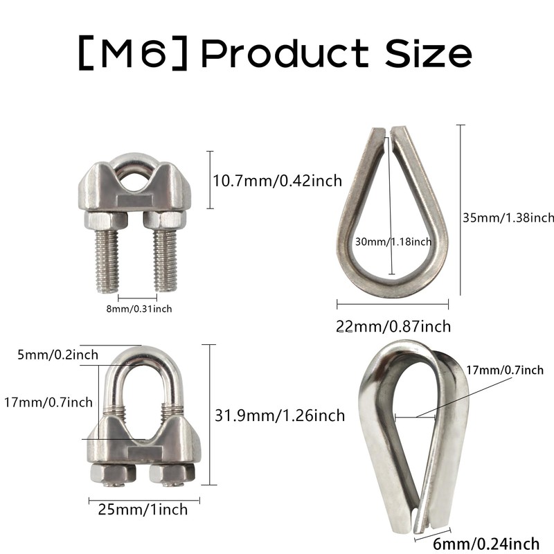 PDETVEO 10PCS 1/4" Wire Rope Clamps, M6 Wire Rope Cable