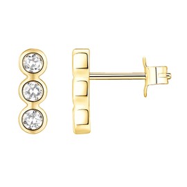 PAVOI 14K Yellow Gold Plated 925 Sterling Silver Post Triple Stone Stud | Bezel Set CZ Earrings | Womens Ear Crawlers