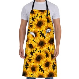 ainori Sunflower Apron for Women with Floral,28x33in,Bright Yellow Flower Black Kitchen Aprons with 2 Pockets,Oxford Fabric Adjustable,For Cooking Baking Gardening Chef,Gifts for Mom Wife