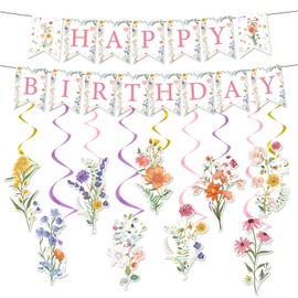 Eiapadeor Flower Birthday Decorations for Girls, 11PCS Wildflower Happy Birthday Banner Garland Hanging Swirls Decoration Floral Party Decor for Women