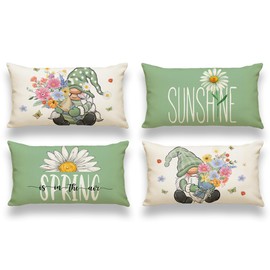 Miuyunya 12 x 20 Outdoor Green Throw Pillow Covers 18x18 Set of 4 Spring Summer Decorative Cushion Cases Garden Flowers Farmhouse Home Décor Decorations for Patio Couch Sofa (Daisy Floral Gnomes)