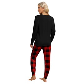 KFUBUO Women's Pajama Sets Long Sleeve Sleepwear and Jogger 2 Piece Lounge Sets, Red Black Plaid, XX-Large