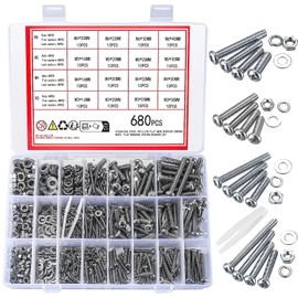 TOOINKCV 680 Pcs Cross Pan Head Screws Botls and Nuts and Washers Assortment Set, Stainless Steel Round Head Machine Screws Nuts and Bolts and Flat & Lock Washers Set for Home Office Industrial