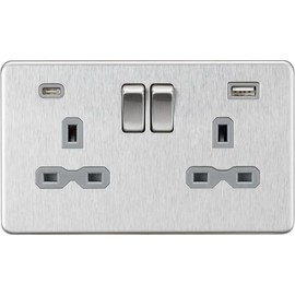 13A 2G SP Switched Socket with Dual USB A+C (5V DC 4.0A shared) - Brushed Chrome with Grey Insert