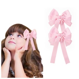 2pc Bontique Ribbon Hair Bows Clip Barrettes Cute Alligator Hairpins For Teens Toddlers Baby Girls Kids Stylish Handmadehair Accessories for Her Everyday Wear, Pink (E)