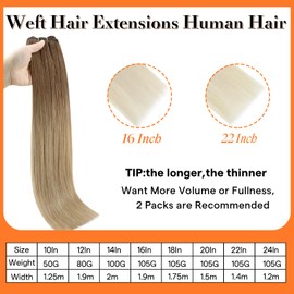 Full Shine Weft Hair Extensions Human Hair Extensions Sew in Weaving Hair Double Weft Hair Extensions Color 10/14 Blonde and Bronze Balayage Hair Extensions 14 Inch 105 Grams
