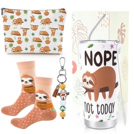 Keluna Sloth Gifts for Women Girls - 4Pcs Sloth Gifts Set 20oz Stainless Steel Tumbler with Lids Straw Cute Animal Makeup Bags Socks Keychain for Sloth Lovers Friends Birthday Christmas Gifts