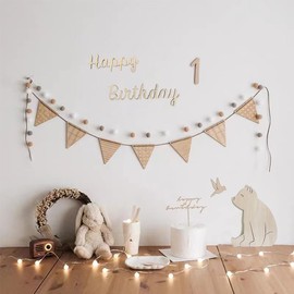 One Year Old Birthday Decorations Bear Wall Decor/Wood Pennant Banner/Happy Birthday Sign Triangle Bunting Flag for Birthday Party