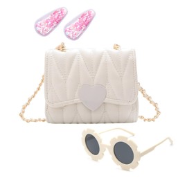 Women Girl Mini Shoulder Bag, 3PCS Cute Heart Design Princess Crossbody Bags Purses for Toddler little Girls Gift, White