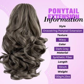 Sleekcute Clip On Ponytails for Women Ponytail Extension Natural Looking Thick Hairpiece with Easy Clip, Seamless Blend for Everyday Wear (10 Inch Dark Grey)