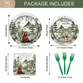 Fitumiw 96Pcs Boy Adventure Party Tableware Supplies Woodland Plates and Napkins Baby Shower Party Set Let The Adventure Begin Decorations Serve 24 Guests