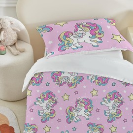 ROZTYLJ Unicorn Cot Bed Duvet Cover Set Unicorn Patterns Toddler Bedding Set For Girls Microfiber Cot Duvet Cover 120x150cm & Pillow Case 40x60cm