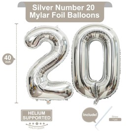 40 Inch Silver 20 Number Balloons Giant 20 Balloons Silver Birthday 20 Balloons 20th Birthday Anniversary Party Decorations Supplies