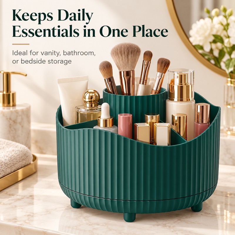 360° Rotating Makeup Organizer for Vanity – Green 5-Compartment Cosmetic