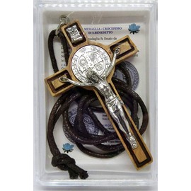 GTBITALY 10.026.90 LACSCA San Benedict Olive Wood Cross with Necklace 8 cm Rectangular with Stripes with Gift Box and Prayer Chain in Italian Language