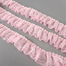 Qililandiy 10.9 Yards Pink Chiffon Lace Trim 2-Layer Gathered Ruffle Trim Chiifon Ribbon Fabric for Dress Wedding Party Decorations, 5cm Width