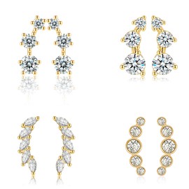 Sterling Silver Women's Earrings, 4 Pairs Hypoallergenic Cubic Zirconia Gold-Plated Flower Earrings Cartilage Silver Earrings Sets, Multiple Ear Holes, Birthday Wedding