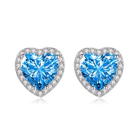 Shuxin Sterling Silver Stud Earrings for Women, Silver Heart Cubic Zirconia Stud Earrings, Big Blue Faux Crystal Diamond Gemstone Studs Earrings, Bridal Earrings for Brides Bridesmaids Wedding