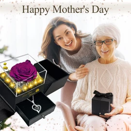 Megapuxin Preserved Real Rose-Eternal Flowers Purple Rose Gifts for Women Her Mom Wife Girlfriend on Valentines Mothers Day with I Love You Necklace 100 Languages Engraved Acrylic Block Puzzle Piece