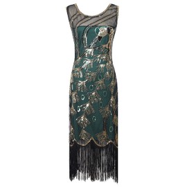 1920s Vintage Peacock Sequin Fringed Party Flapper Dress w 20s Accessories Set (XL, Green)