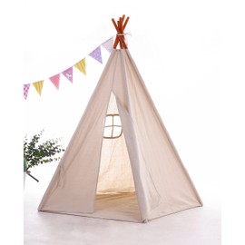 Miyaya Large Canvas Teepee Play Tent Indian Play Tent with Carry Case,5 Poles Design (Beige)