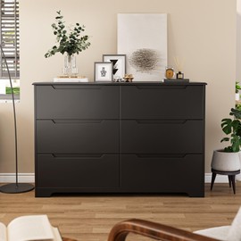 Gizoon Black 6 Drawer Dresser for Bedroom, Modern Wood Chest of Drawers with Cut-Out Handles, Accent Cabinet with Wide Double Drawers for Living Room, Entryway, 15.7" D x 47.3" W x 31.5" H