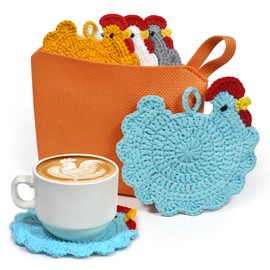 Drink Coasters, Decorative Bar Coasters, 4Pack Cute Coffee Coasters, Animal Pattern Crochet Coasters (Chicken)