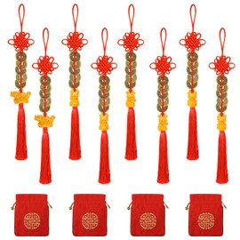 12 Pcs Chinese New Year Dragon Decorations Lunar New Year fengshui Coins 2024 Red Tassel Ornaments with Wealth Success Good Luck Hanging Decorations for Gifts Home Car Decor