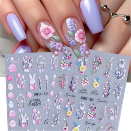 2 Sheets Easter Nail Art Stickers Cute Bunny Nail Decals 5D Relief Rabbits Flowers Eggs Self-Adhesive Nail Design Stickers Acrylic Nail Accessories Supplies for Women Girls Manicure