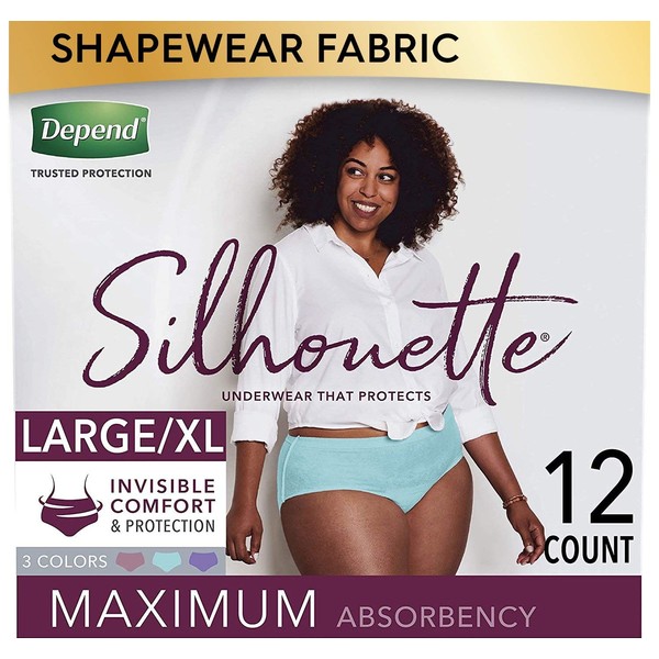Depend Silhouette Incontinence and Postpartum Underwear for Women, Maximum Absorbency, Disposable, Large/Extra-Large, Lavender/Teal/Berry, 12 Count